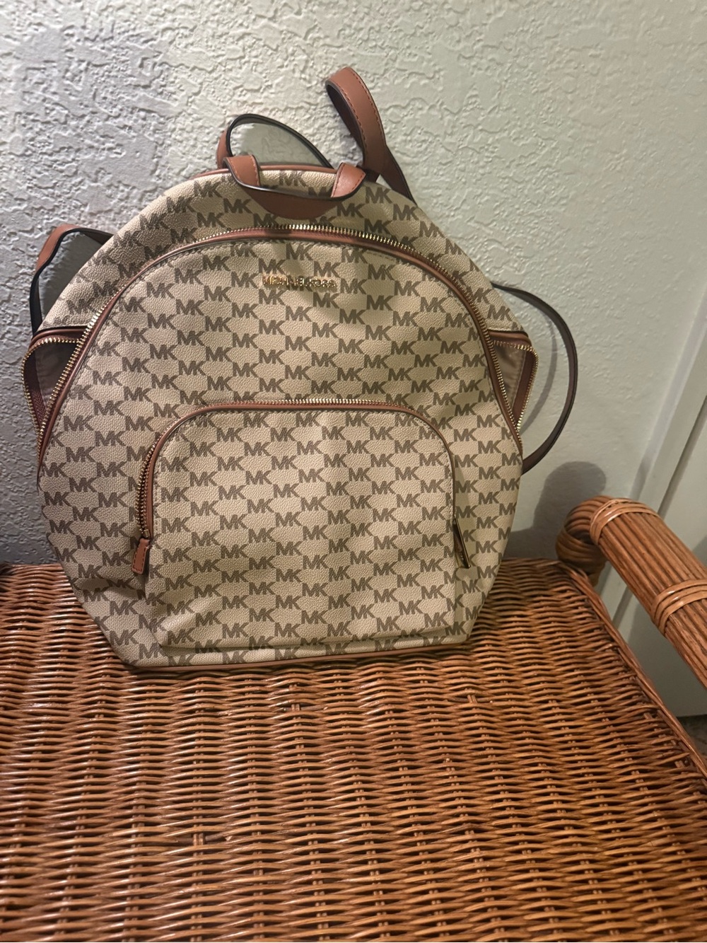 Michael Kors Tan Beige MK Logo Backpack with Brown Trim
